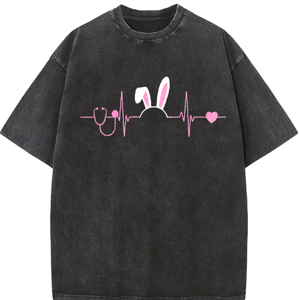 Stethoscope Bunny Ear Cute Heartbeat Easter Bunny Nurse Vintage Washed T-Shirt in Black