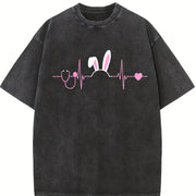Stethoscope Bunny Ear Cute Heartbeat Easter Bunny Nurse Vintage Washed T-Shirt in Black