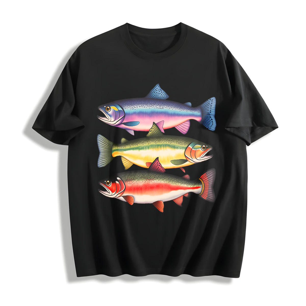 Abstract Colorful Trout in a Row Cotton T-Shirt in Black
