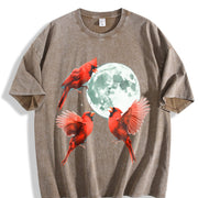 Red Cardinal Howling at Moon 90s Vintage Washed T-Shirt in Brown
