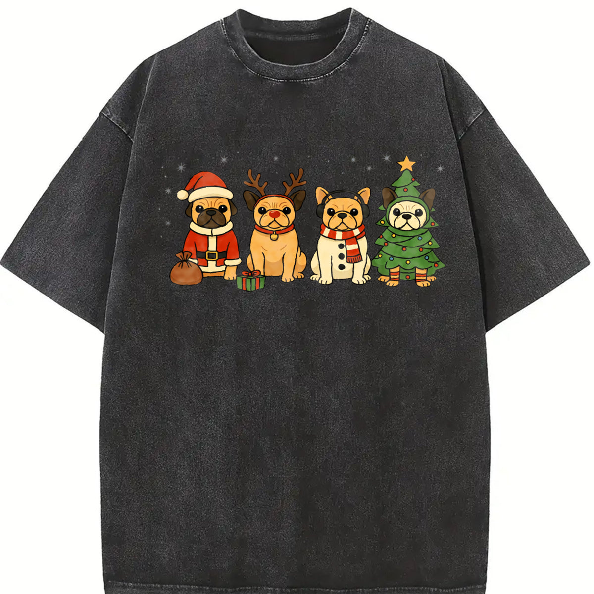 Christmas French Bulldog Vintage Washed T-Shirt in Black