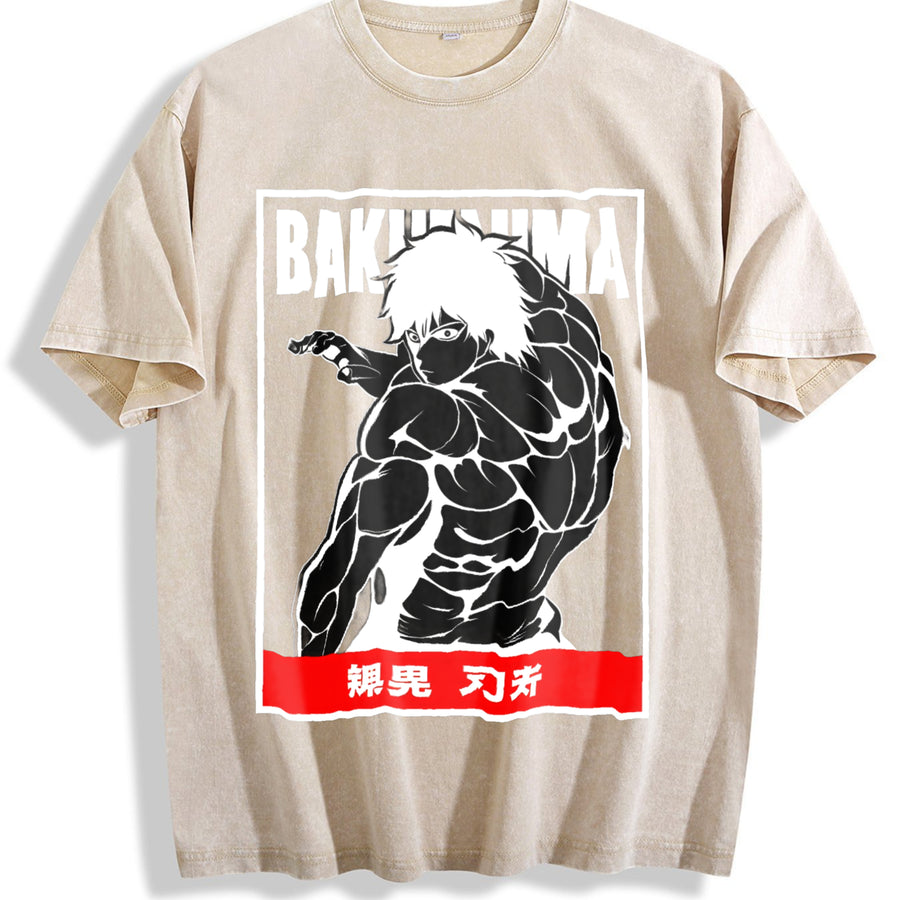 Hanma Baki Anime for Anime Fans and Lovers vintage washed oversized T-shirt in Beige