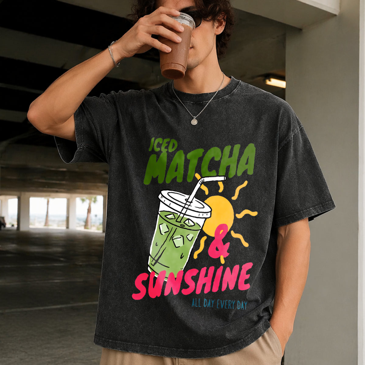 Iced Matcha Sunshine Vintage Washed T-Shirt in Black