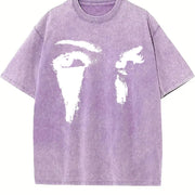 Abstract Black and White Faces Vintage Washed T-Shirt in Purple
