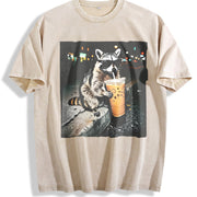 Raccoon Drinking Iced Coffee vintage washed oversized T-shirt in Beige