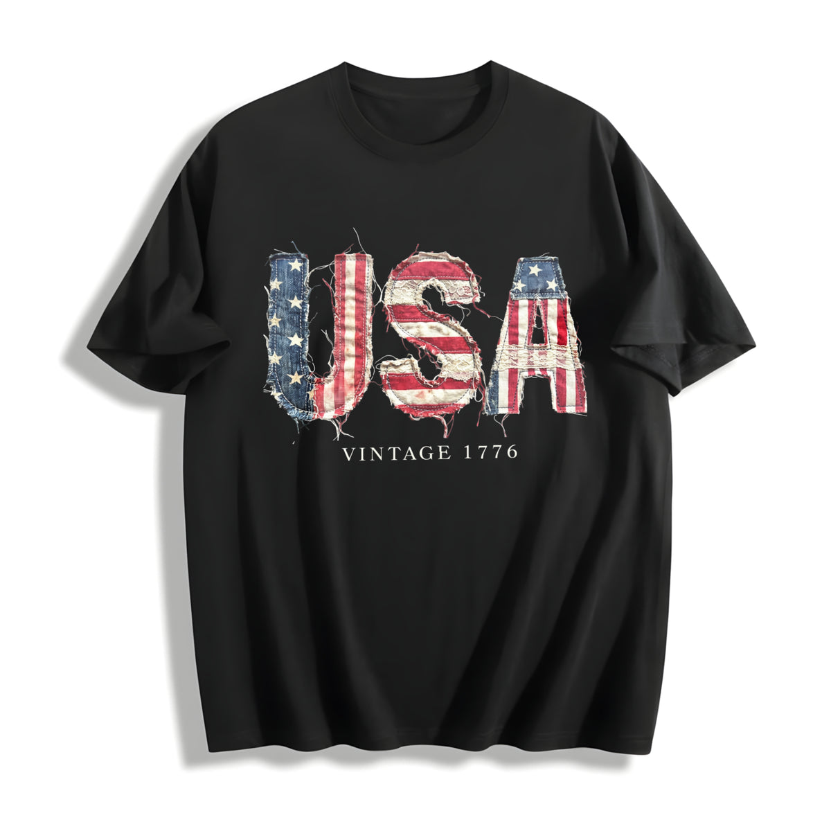 4th of July FAUX Patchwork USA Cotton T-Shirt in Black