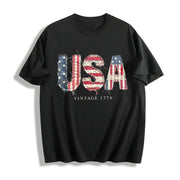 4th of July FAUX Patchwork USA Cotton T-Shirt in Black