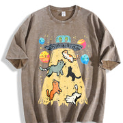 UFO Takeaway Cute Cat Vintage Washed T-Shirt in Brown