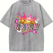 Birthday Queen Cartoon Spring/ Regular Length vintage washed oversized T-shirt in Gray