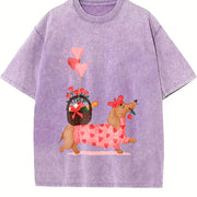 Valentine's Day Spring/ Dachshund Delivering Flowers Vintage Washed T-Shirt in Purple