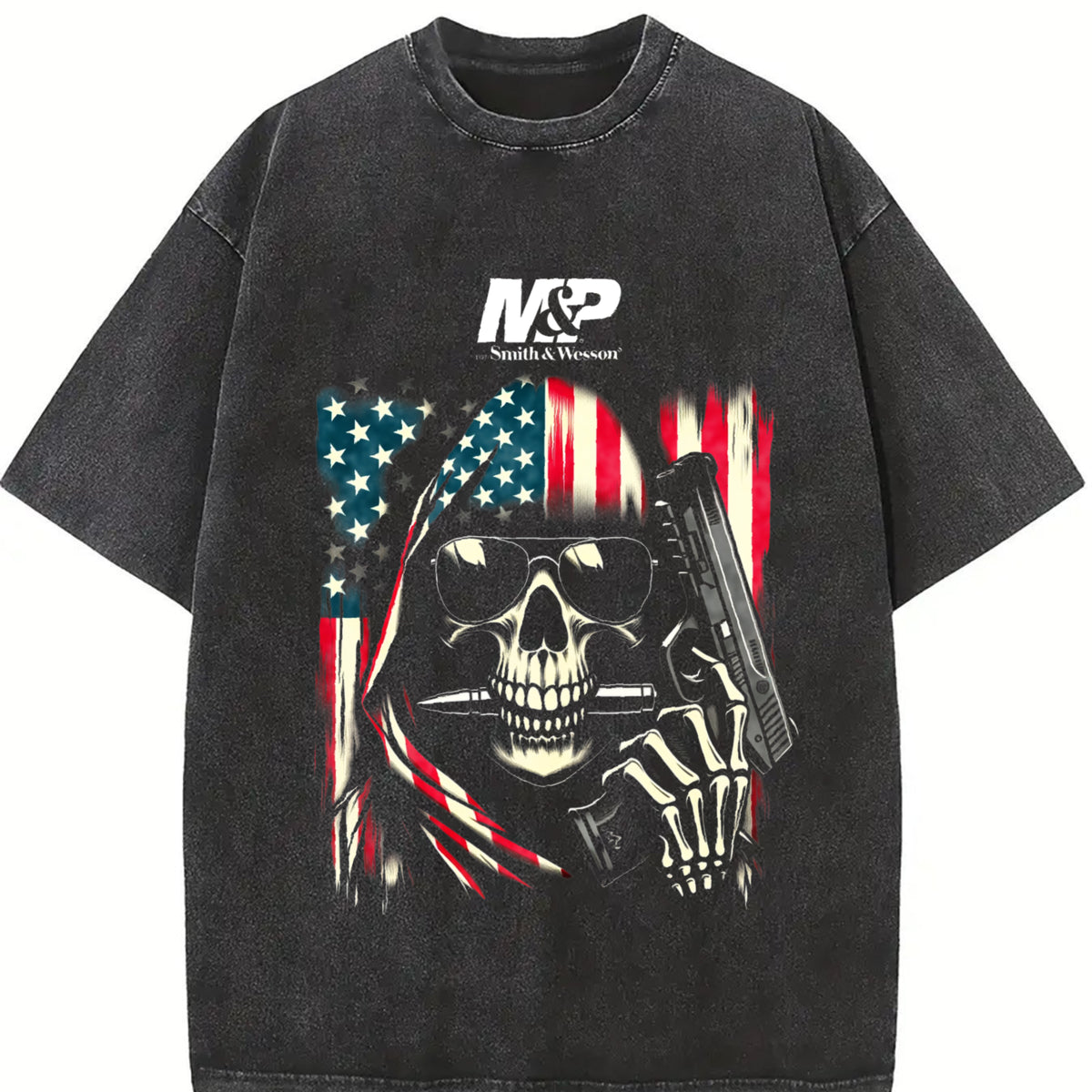 M&P by Smith & Wesson Skull American Flag Vintage Washed T-Shirt in Black