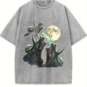 Triceratops Howling to Moon 90s Vintage Washed T-Shirt in Gray