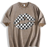 Black and White Checkered Lips Vintage Washed T-Shirt in Brown