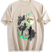 Horse Howling to Moon 90s Vintage Washed T-Shirt in Beige