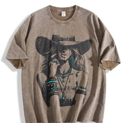 Boho Woman Hat Western Cowgirl Vintage Washed T-Shirt in Brown