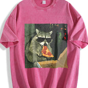 Raccoon Eating Pizza vintage washed oversized T-shirt in Red