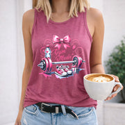 Gym Mode Pink Bow Barbell Shoes Crew-neck Sleeveless Vest Women's Color Cotton Tank Top in Red
