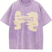 Fun Retro Shriek Rock Patterned Grid Vintage Washed T-Shirt in Purple