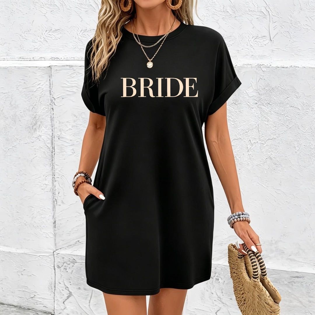 Off-shoulder Loose Long Dress with Pockets Cotton T-Shirt in Black