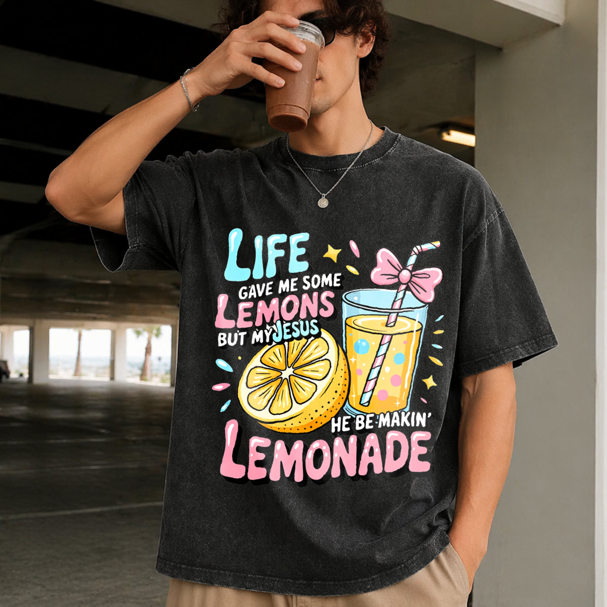 Life Gave Me Lemons, but Jesus Made Lemonade Vintage Washed T-Shirt in Black