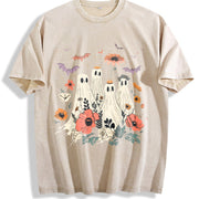 2024 Halloween Playful Ghosts with Crowns & Floral Bats Vintage Washed T-Shirt in Beige
