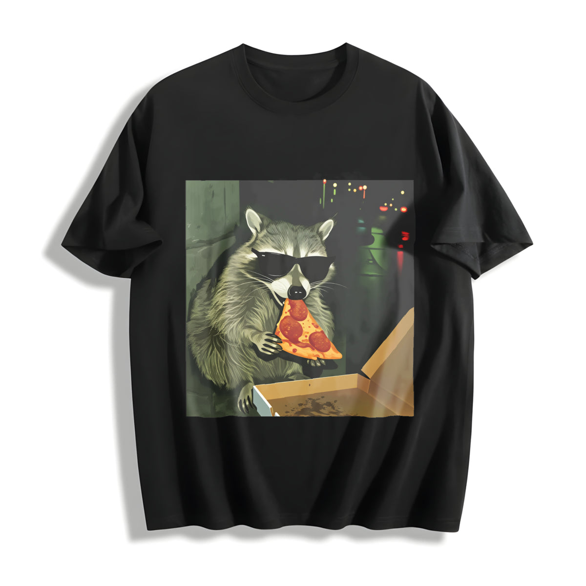 Raccoon Eating Pizza Cotton T-Shirt in Black