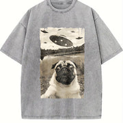 Pug UFO Encounters - UFO and Pug Selfie vintage washed oversized T-shirt in Gray