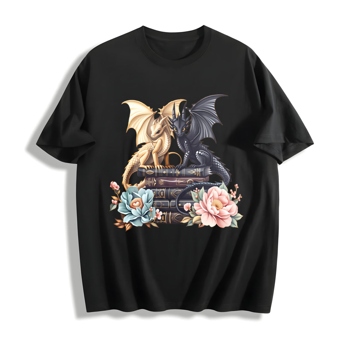 Winter Twin Dragon Cotton T-Shirt in Black