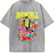 Retro Invincible Mark Grayson & Superhero Team Vintage Washed T-Shirt in Gray