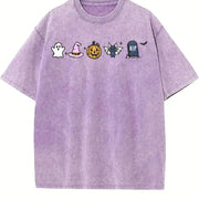 Halloween Icons Embroidered Vintage Washed T-Shirt in Purple