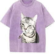 Cat Portrait Vintage Washed T-Shirt in Purple