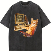 Office Cat Working at Computer Meme DTG Vintage Washed T-Shirt in Black
