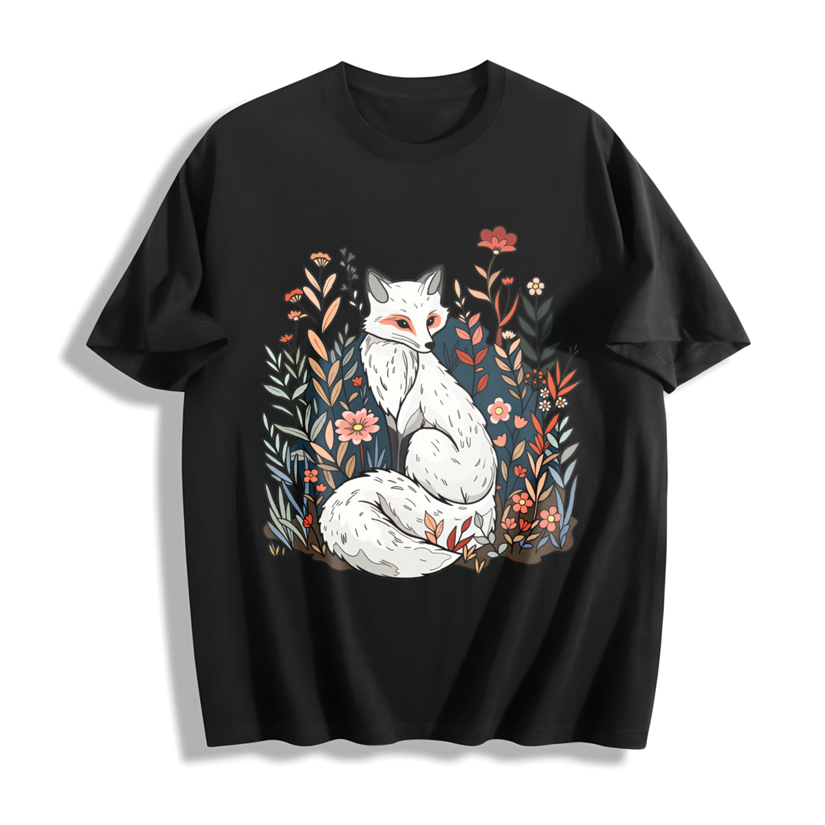 Luokeren Retro Floral Fox Cotton T-Shirt in Black