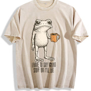 I Have to Say Weird Stuff or I'll Die Frog Drinking Coffee Vintage Washed T-Shirt in Beige