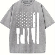 Chef Kitchen Utensils American Flag Vintage Washed T-Shirt in Gray