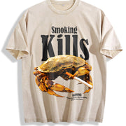 Retro Smoking Kills Crab Vintage Washed T-Shirt in Beige