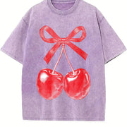 Retro Cherry Bow Halftone Vintage Washed T-Shirt in Purple
