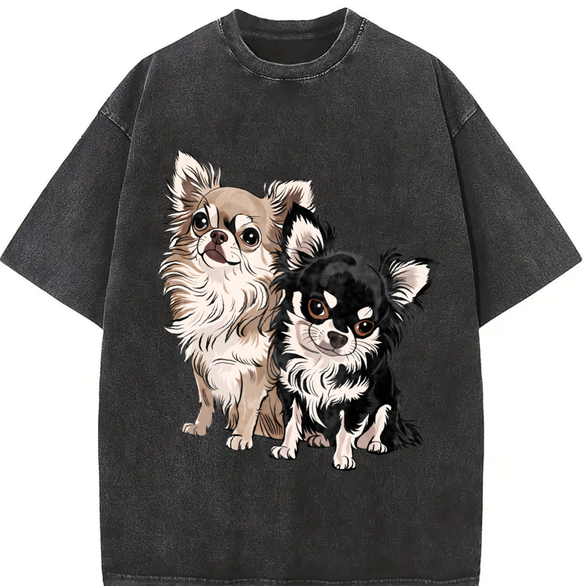 Long-haired Chihuahua Vintage Washed T-Shirt in Black