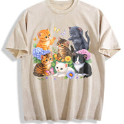 Retro Kitten 90s Cute Cats Boho Floral Cat Butterfly vintage washed oversized T-shirt in Beige