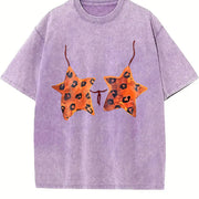 Retro Leopard Star Vintage Washed T-Shirt in Purple
