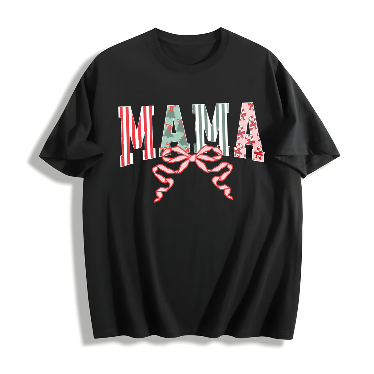 Christmas Mama Retro Mom Cotton T-Shirt in Black