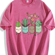 Cute Cartoon Potted Plant Vintage Washed T-Shirt in Red