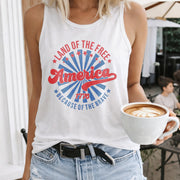 July 4th Land of the Free Women's Color Cotton Tank Top in White