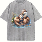Two River Otters Cuddling Wilderness 90s Vintage Washed T-Shirt in Gray