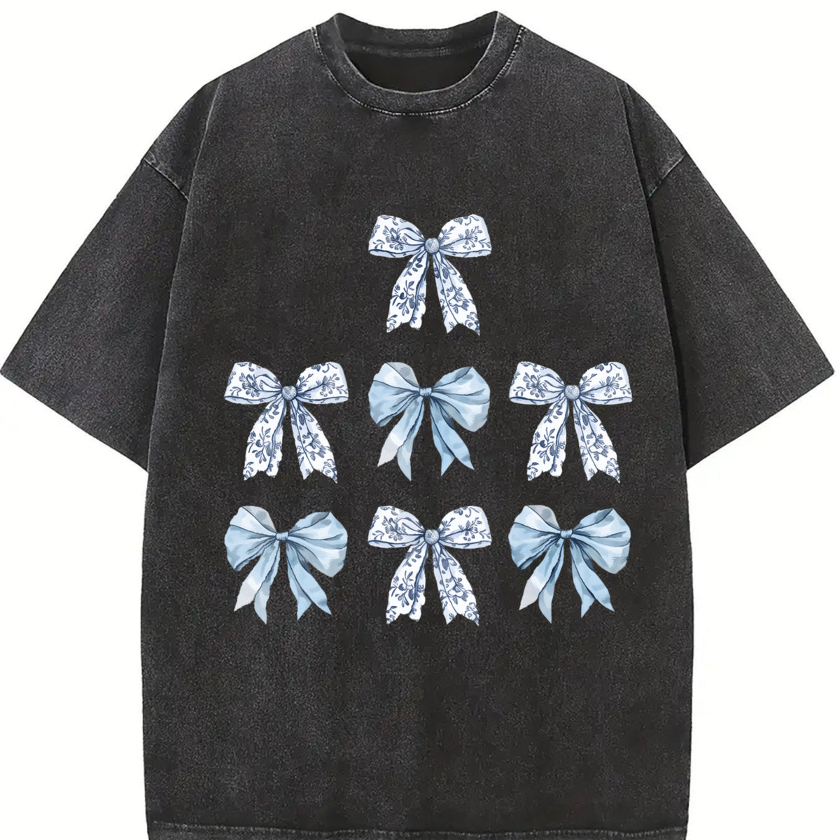 Toile Bow Blue Coquette Cute Ribbon Girly Girl Vintage Washed T-Shirt in Black