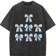 Toile Bow Blue Coquette Cute Ribbon Girly Girl Vintage Washed T-Shirt in Black