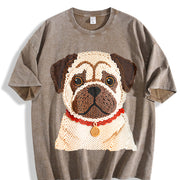Winter a Pug Round-neck Long-sleeve Vintage Washed T-Shirt in Brown
