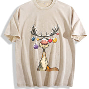 Christmas Reindeer Cute Christmas Vintage Washed T-Shirt in Beige