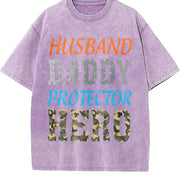 Husband Daddy Protector Hero Vintage Washed T-Shirt in Purple