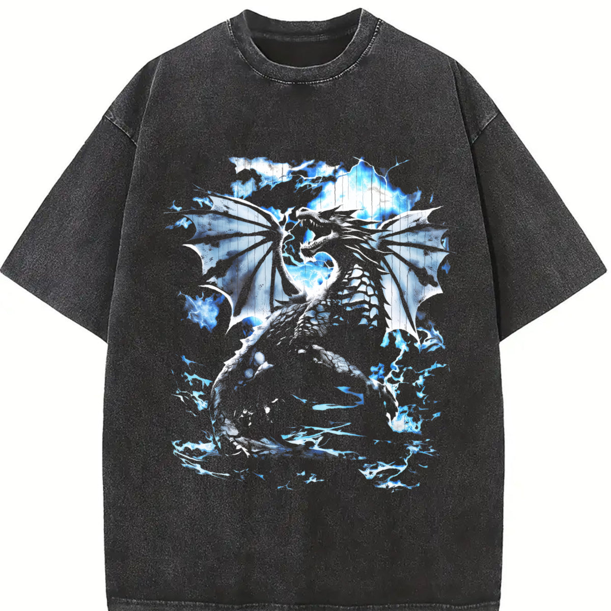 Y2K Dragon Lightning Fantasy Vintage Washed T-Shirt in Black